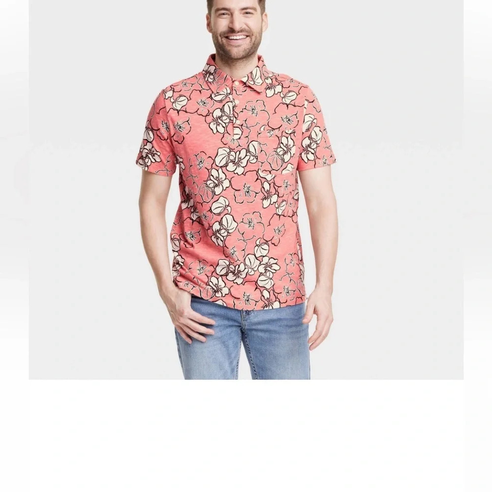 NWT men’s S coral floral polo shirt s/s, pocket over your heart 3 button closure